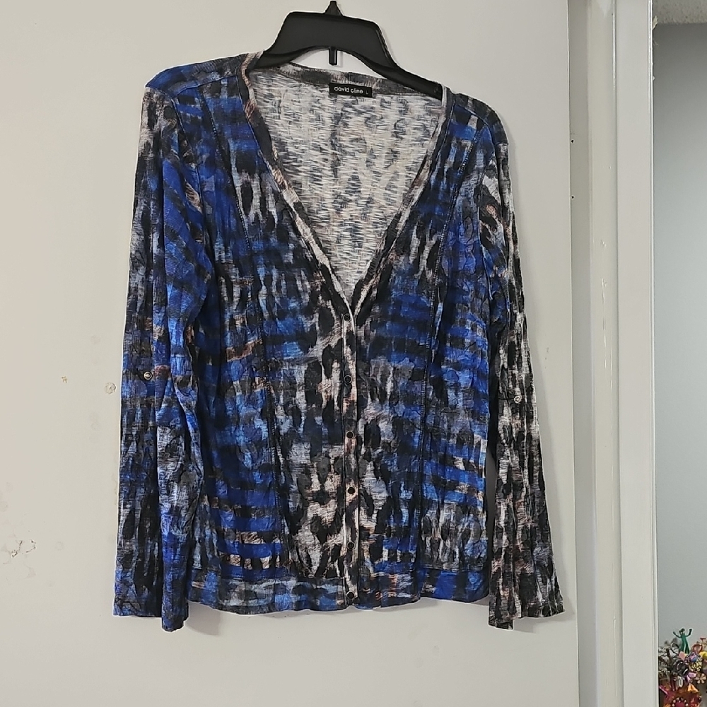 David Cline Blue and Black Patterned Top